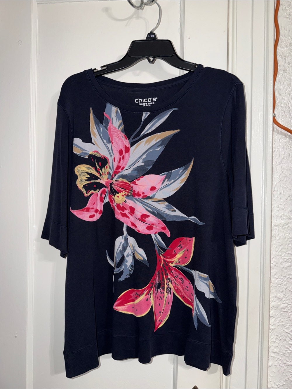 Chico's Navy Short Sleeve Floral Tee with Pink & Gray Blooms